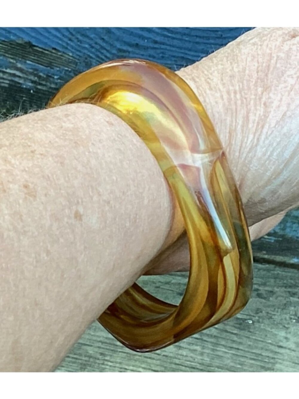 Chunky Marbled Amber Brown Lucite Bangle Bracelet Asymmetric Squared Transparent